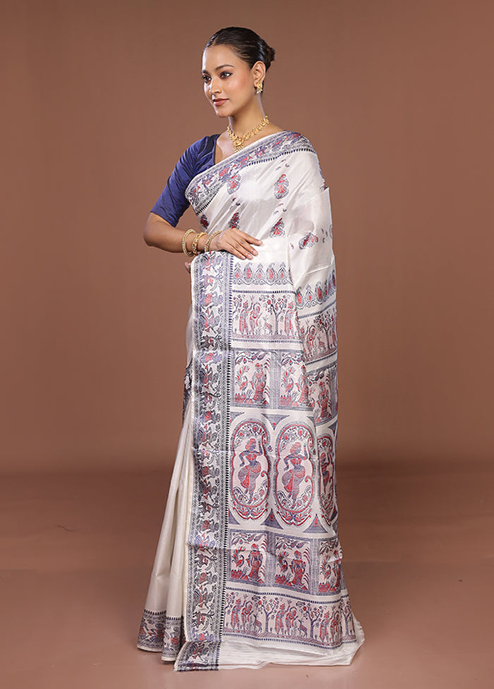 White Handloom Baluchari Pure Silk Saree With Blouse Piece