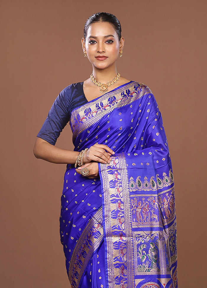 Blue Handloom Baluchari Pure Silk Saree With Blouse Piece