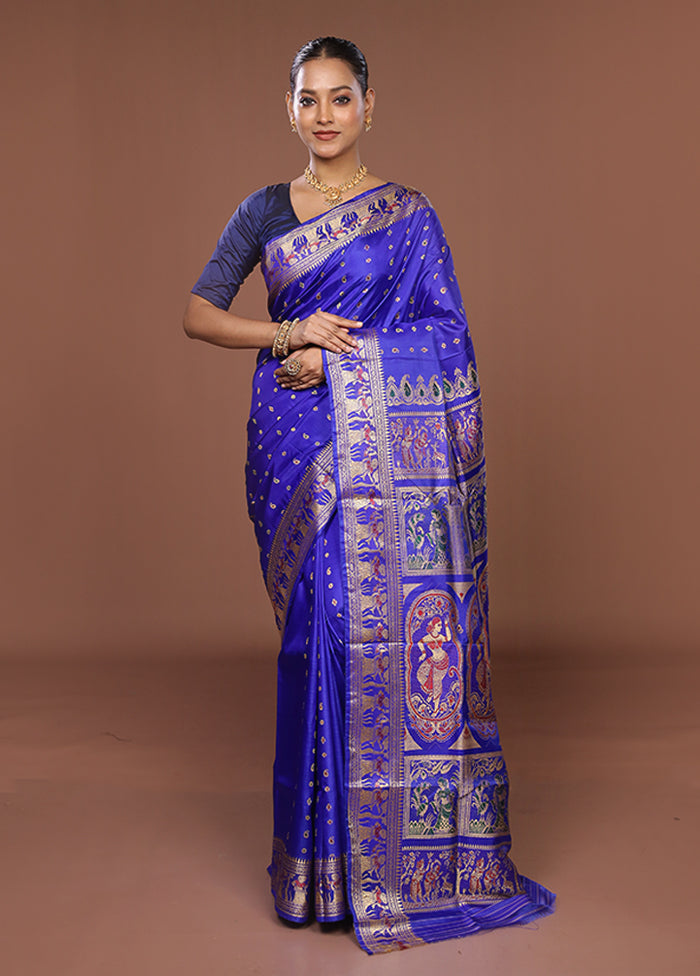 Blue Handloom Baluchari Pure Silk Saree With Blouse Piece