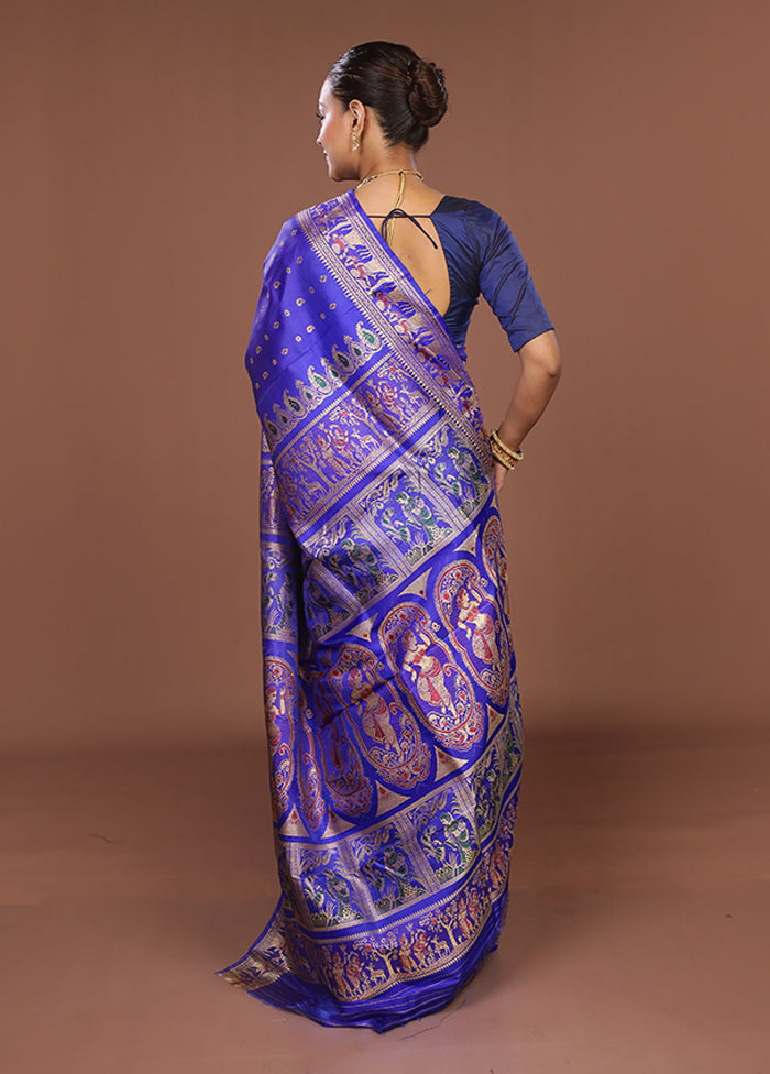 Blue Handloom Baluchari Pure Silk Saree With Blouse Piece