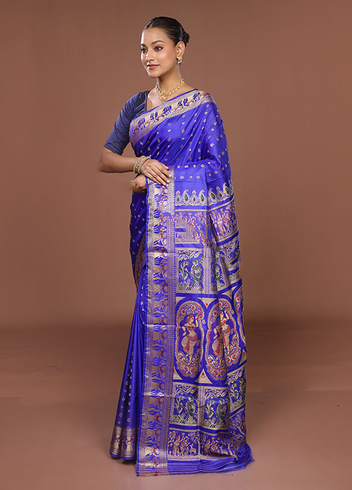 Blue Handloom Baluchari Pure Silk Saree With Blouse Piece