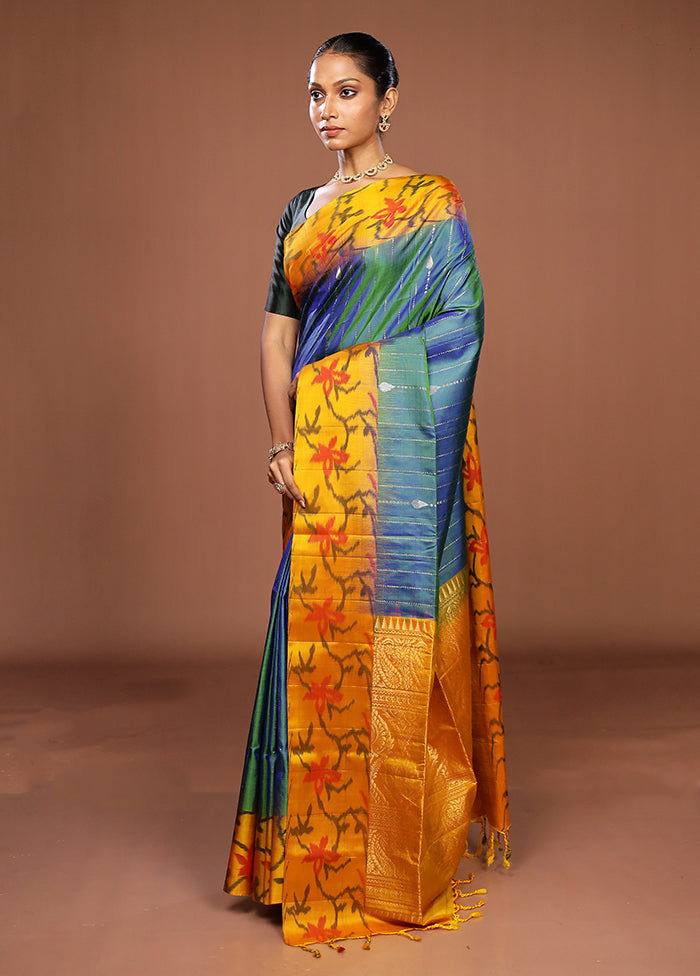Blue Handloom Kanchipuram Pure Silk Saree With Blouse Piece
