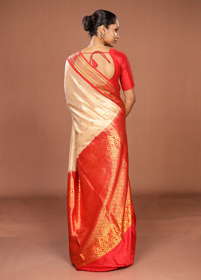 Cream Handloom Kanjivaram Pure Silk Saree With Blouse Piece