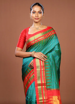 Green Handloom Kanjivaram Pure Silk Saree With Blouse Piece