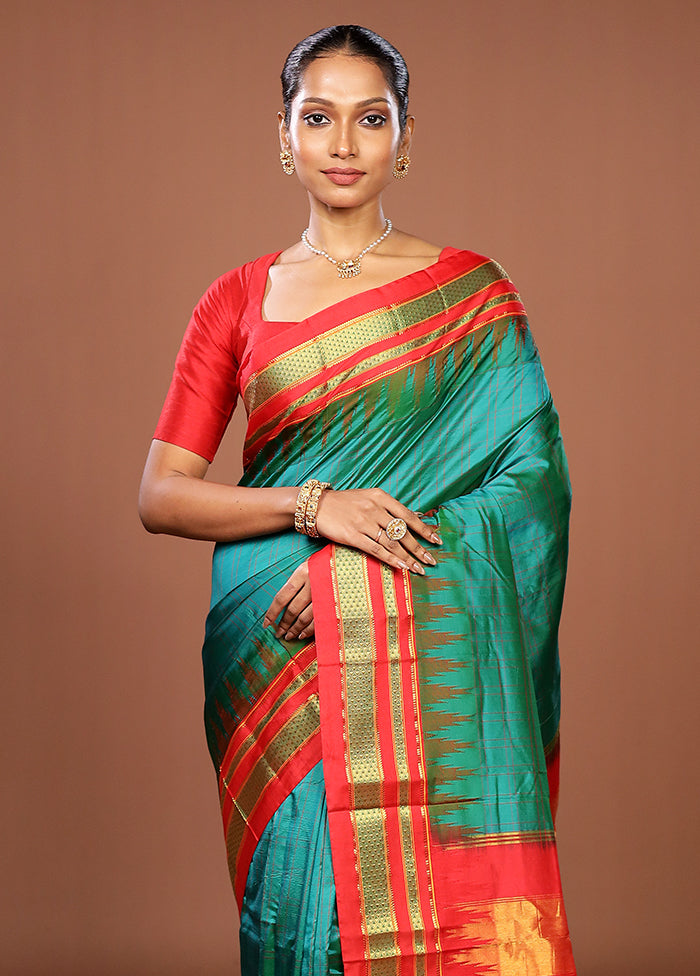 Green Handloom Kanjivaram Pure Silk Saree With Blouse Piece