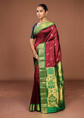 Purple Handloom Kanjivaram Pure Silk Saree With Blouse Piece