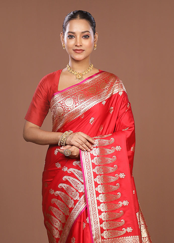 Red Banarasi Silk Saree With Blouse Piece