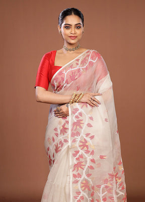 White Handloom Matka Pure Silk Saree With Blouse Piece