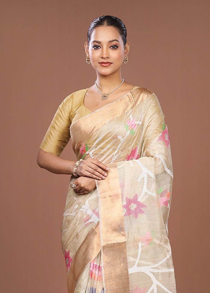 Cream Handloom Tussar Pure Silk Saree With Blouse Piece