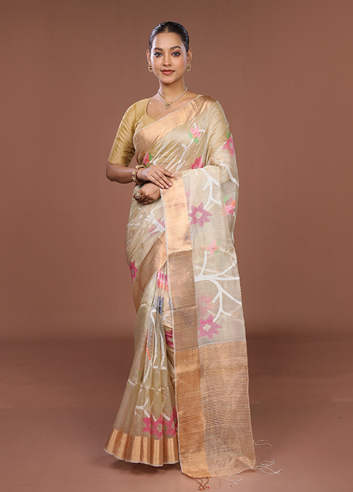 Cream Handloom Tussar Pure Silk Saree With Blouse Piece