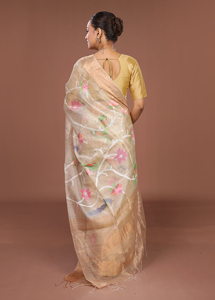 Cream Handloom Tussar Pure Silk Saree With Blouse Piece