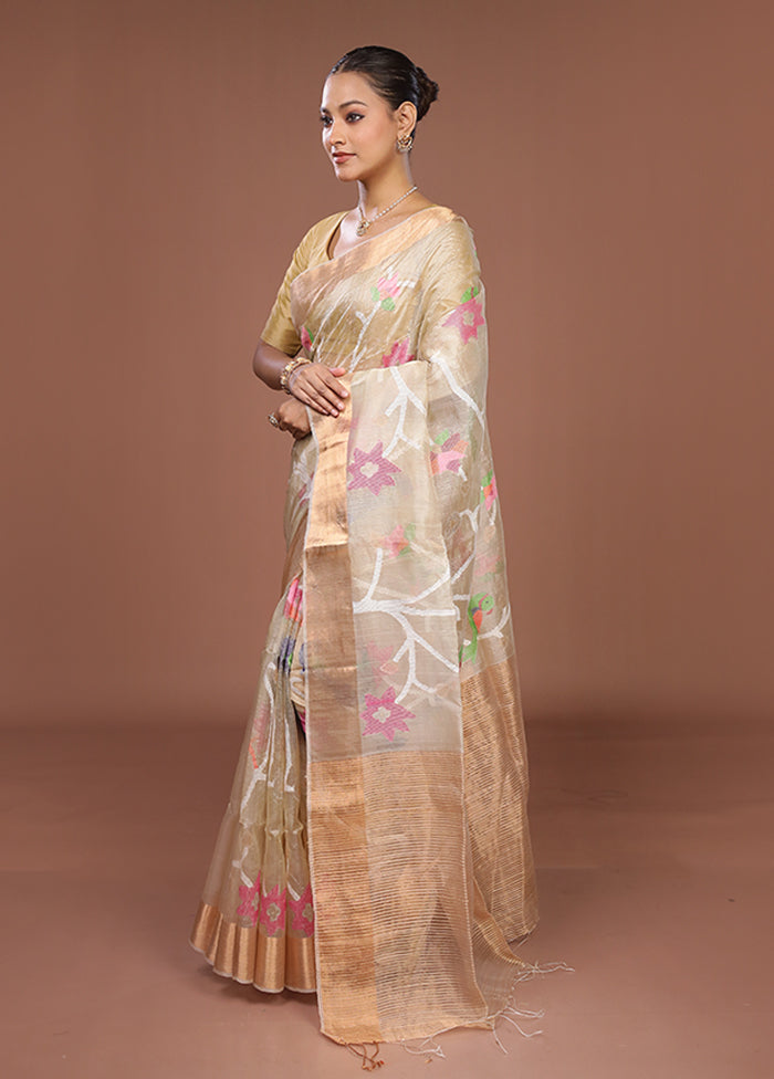 Cream Handloom Tussar Pure Silk Saree With Blouse Piece