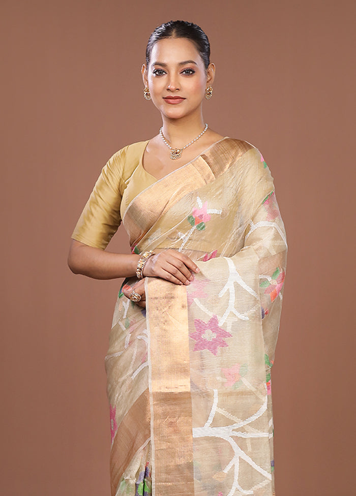Cream Handloom Tussar Pure Silk Saree With Blouse Piece