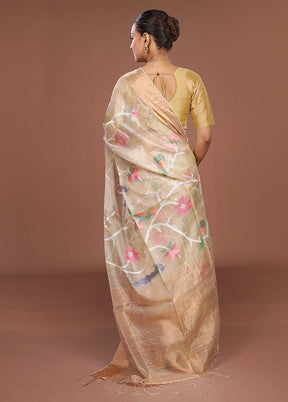 Cream Handloom Tussar Pure Silk Saree With Blouse Piece