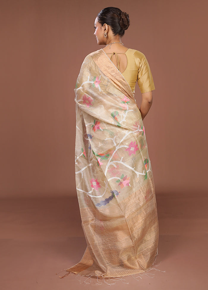 Cream Handloom Tussar Pure Silk Saree With Blouse Piece