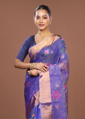 Blue Handloom Tussar Pure Silk Saree With Blouse Piece