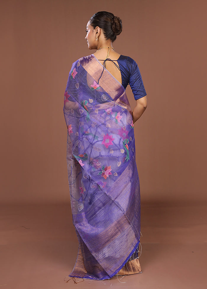 Blue Handloom Tussar Pure Silk Saree With Blouse Piece