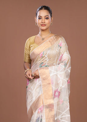 White Handloom Tussar Pure Silk Saree With Blouse Piece