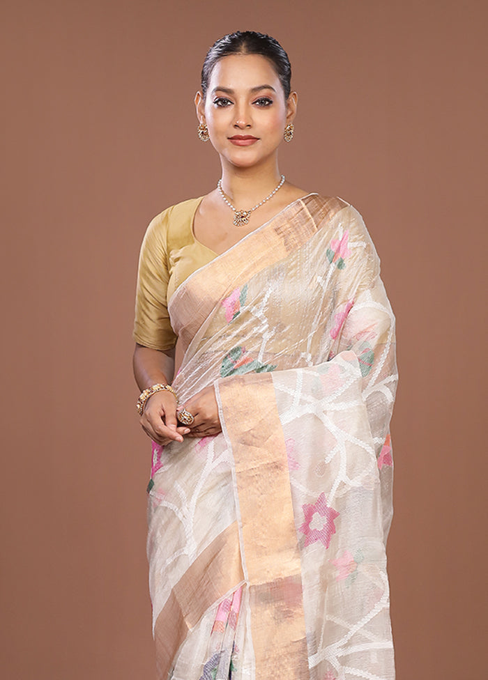 White Handloom Tussar Pure Silk Saree With Blouse Piece