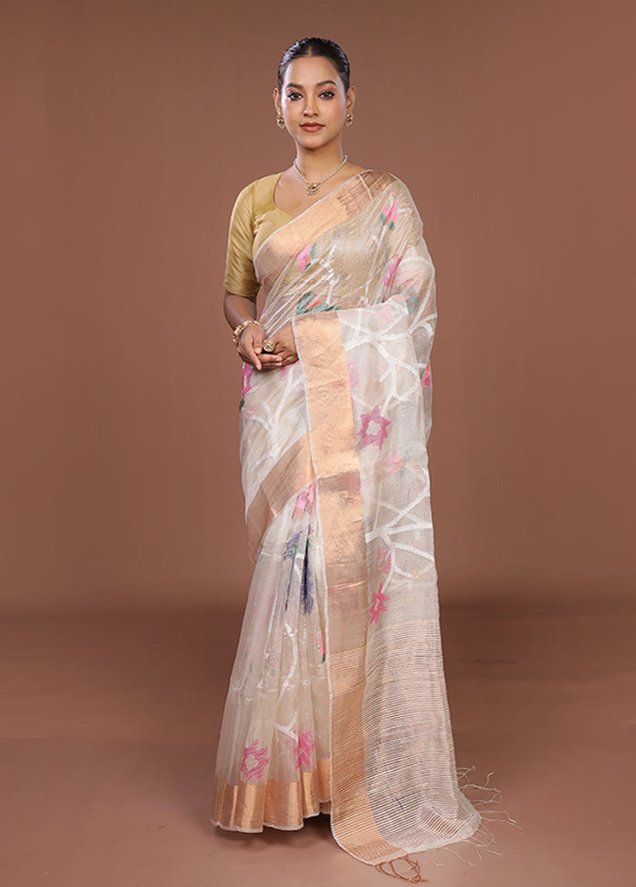 White Handloom Tussar Pure Silk Saree With Blouse Piece