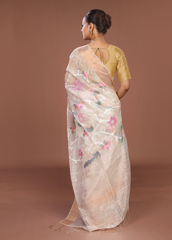 White Handloom Tussar Pure Silk Saree With Blouse Piece