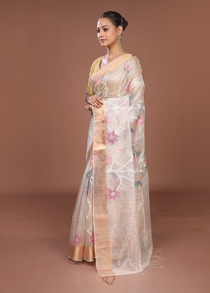 White Handloom Tussar Pure Silk Saree With Blouse Piece