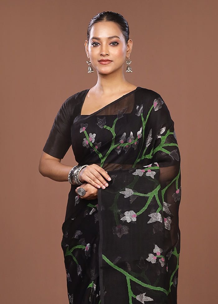 Black Handloom Matka Pure Silk Saree With Blouse Piece