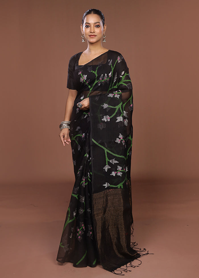 Black Handloom Matka Pure Silk Saree With Blouse Piece