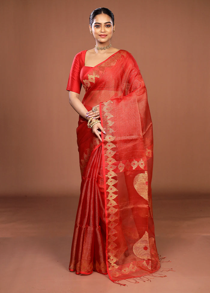 Red Handloom Matka Pure Silk Saree With Blouse Piece