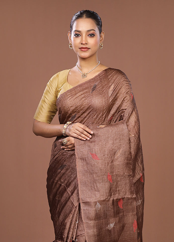 Brown Handloom Tussar Pure Silk Saree With Blouse Piece