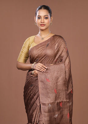 Brown Handloom Tussar Pure Silk Saree With Blouse Piece