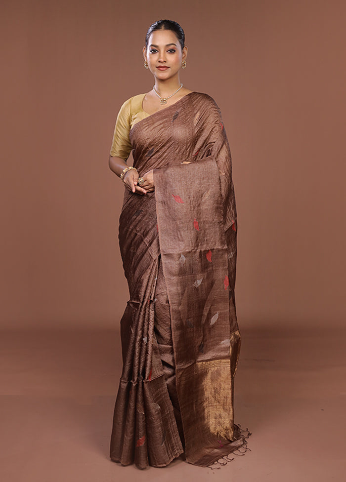 Brown Handloom Tussar Pure Silk Saree With Blouse Piece