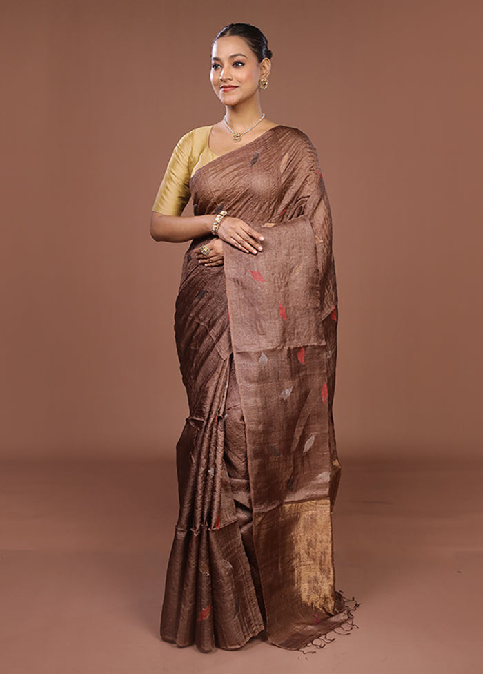 Brown Handloom Tussar Pure Silk Saree With Blouse Piece