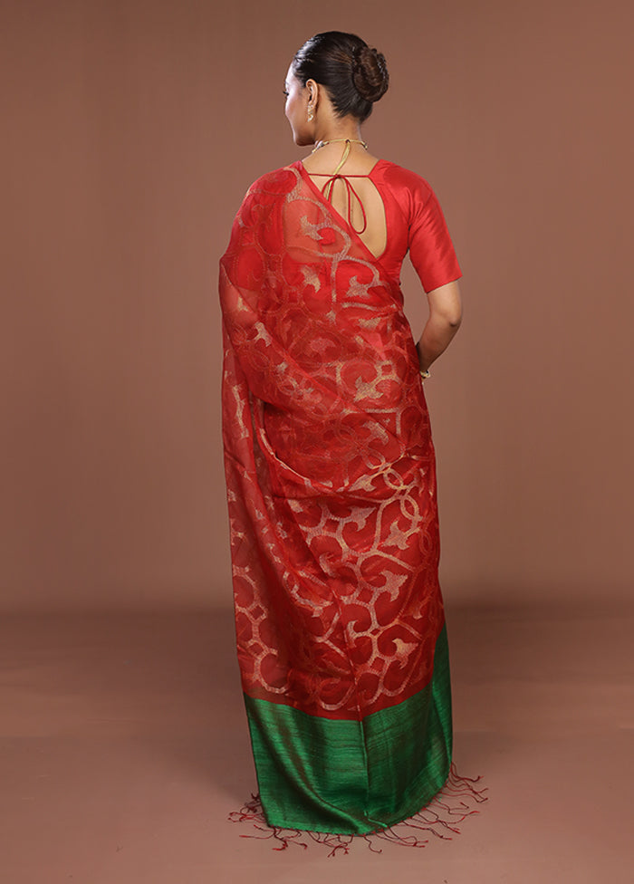 Red Handloom Matka Pure Silk Saree With Blouse Piece