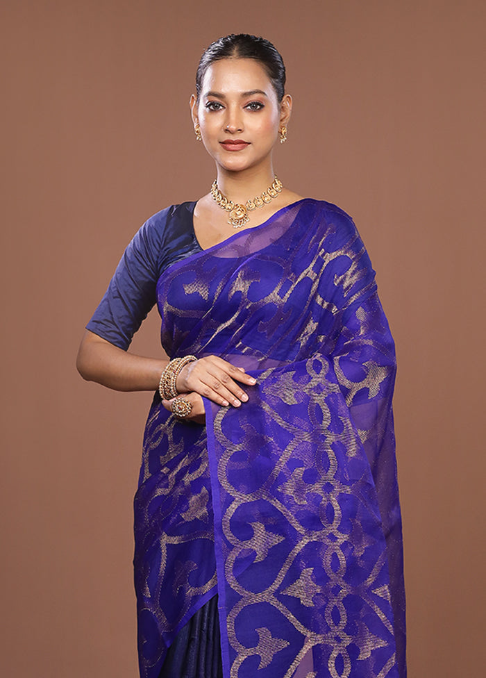 Blue Handloom Matka Pure Silk Saree With Blouse Piece