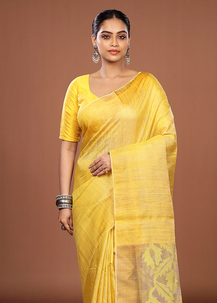 Yellow Handloom Matka Pure Silk Saree With Blouse Piece