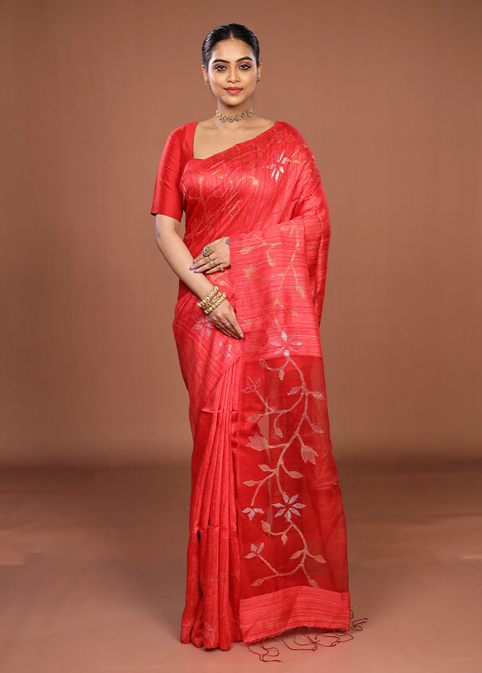 Red Handloom Matka Pure Silk Saree With Blouse Piece