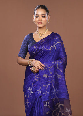 Blue Handloom Matka Pure Silk Saree With Blouse Piece
