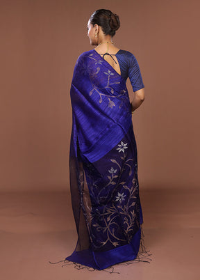 Blue Handloom Matka Pure Silk Saree With Blouse Piece
