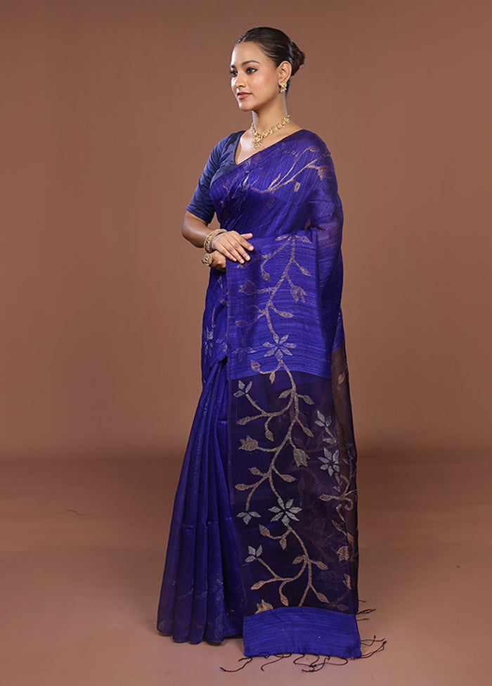 Blue Handloom Matka Pure Silk Saree With Blouse Piece