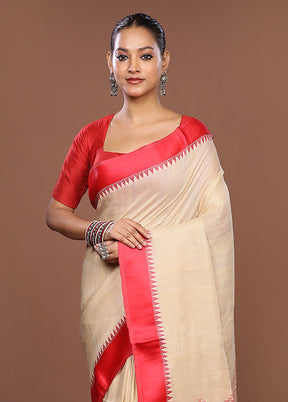 Cream Handloom Tussar Pure Silk Saree With Blouse Piece