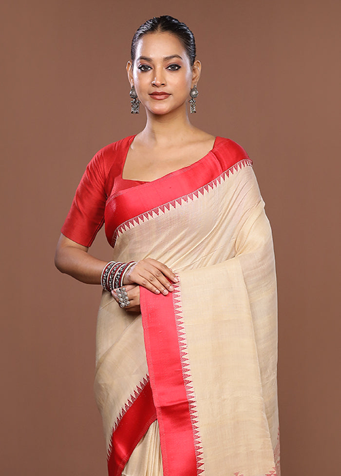 Cream Handloom Tussar Pure Silk Saree With Blouse Piece