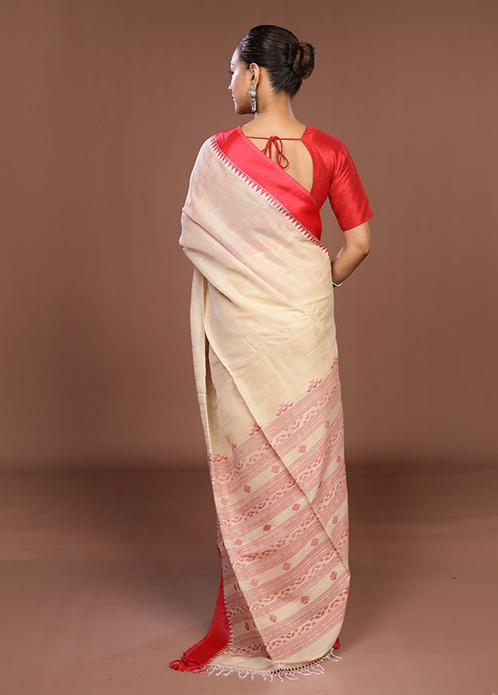 Cream Handloom Tussar Pure Silk Saree With Blouse Piece