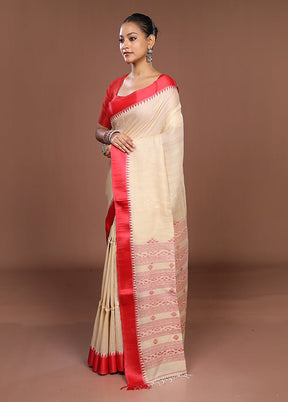 Cream Handloom Tussar Pure Silk Saree With Blouse Piece