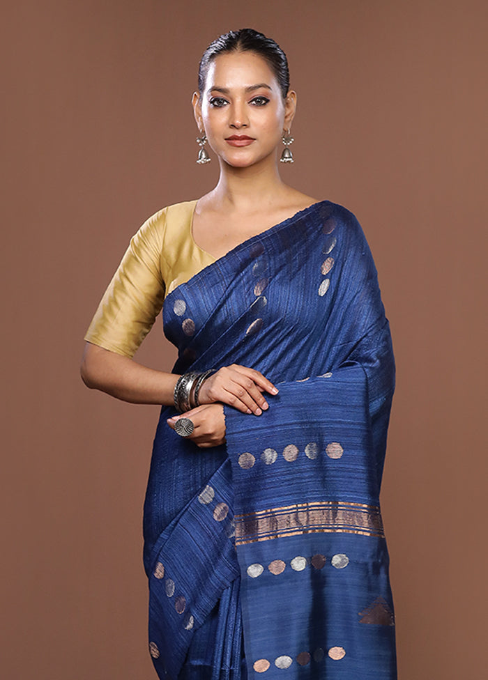 Blue Handloom Matka Pure Silk Saree With Blouse Piece