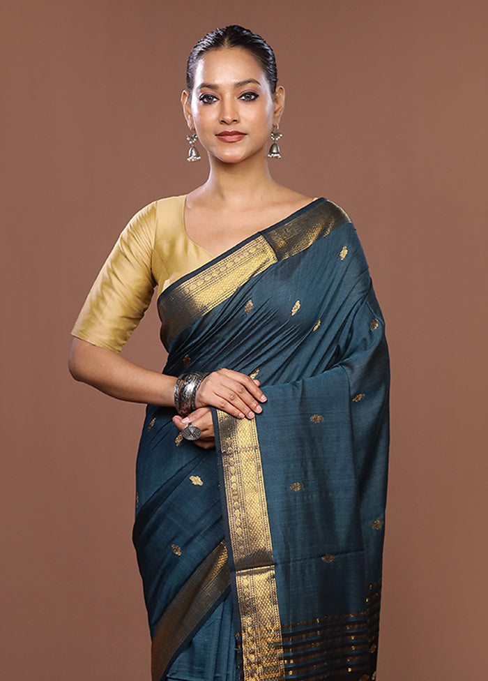 Blue Handloom Matka Pure Silk Saree With Blouse Piece