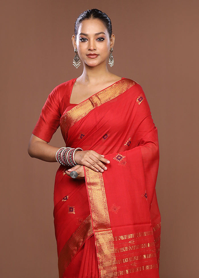 Red Handloom Matka Pure Silk Saree With Blouse Piece