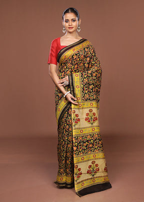 Black Chanderi Silk Saree With Blouse Piece