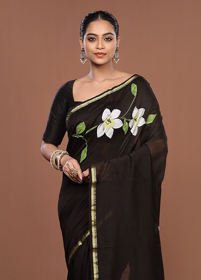 Black Chanderi Silk Saree With Blouse Piece