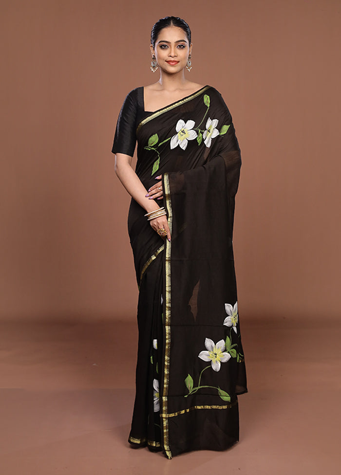Black Chanderi Silk Saree With Blouse Piece